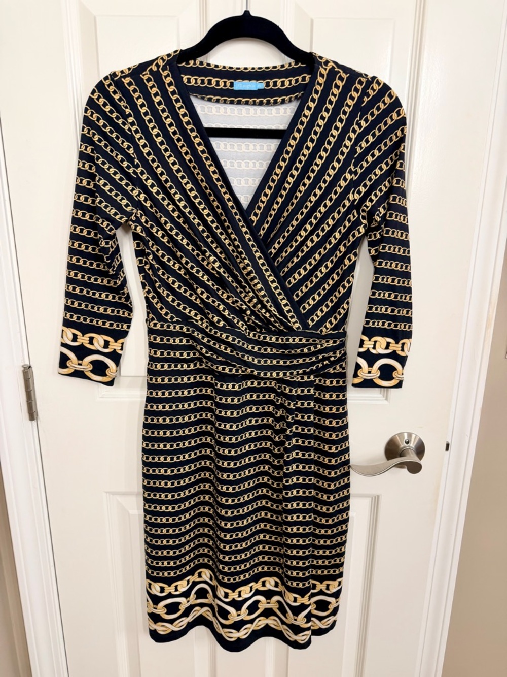 J. McLaughlin Catalina Cloth Black & Gold Chain Print Dress Faux Wrap V-Neck XS